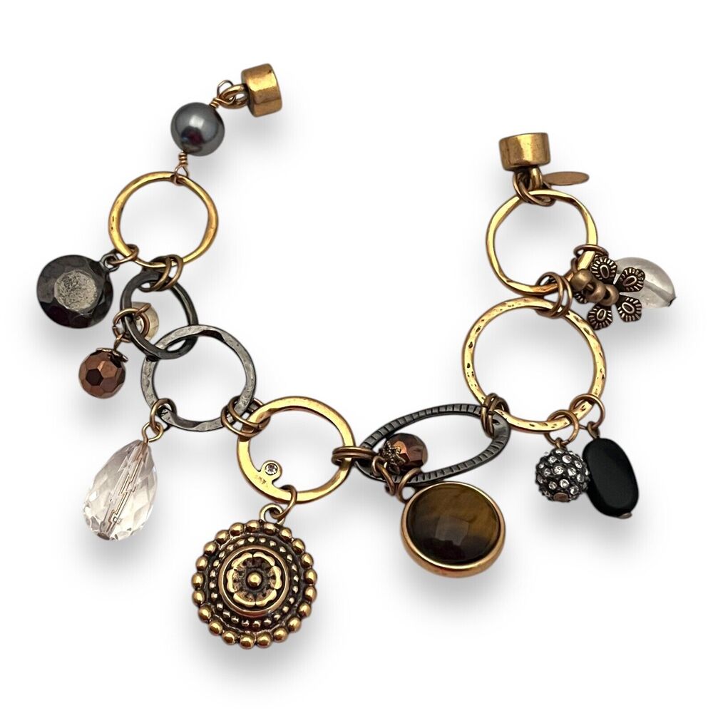 New Chico's Charm Bracelet Crystals Hematite & Gold Toned Magnetic Clasp - 8M